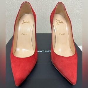 Christian Louboutin Alminette 100 Loubi Red Suede Pointed Classic Heel Pump 38.5